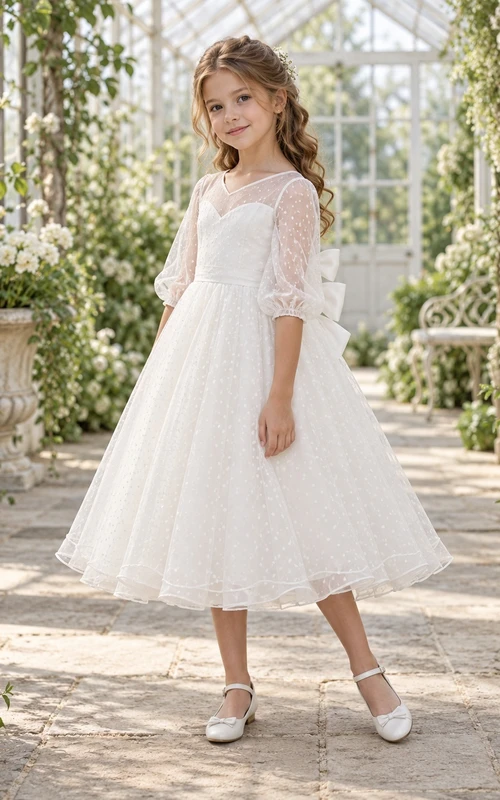 Vestido de niña de flores blanco de corte A, largo hasta la rodilla, de tul con lunares, efecto ilusión, mangas hasta el codo y doble lazo.
