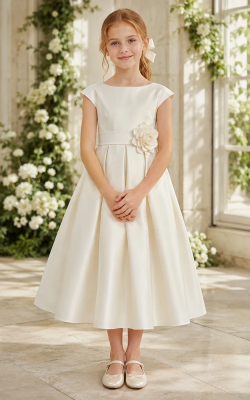 Vestido de niña de las flores, color marfil, corte en A, manga corta, cuello joya, largo hasta la rodilla, aplique floral, detalle de lazo.