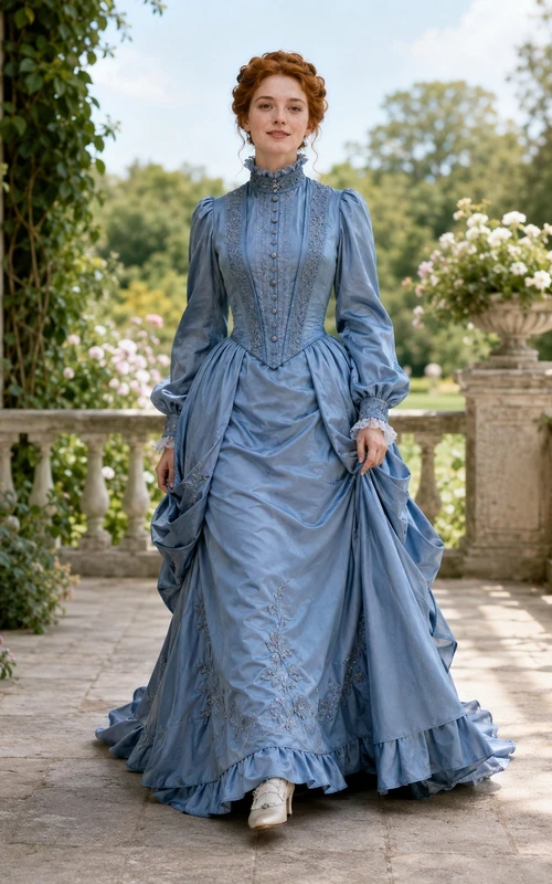 Steel Blue High-Neck Long-Sleeve Taffeta Ball-Gown Floor-length Sweep Bustled Vintage Formal Gown