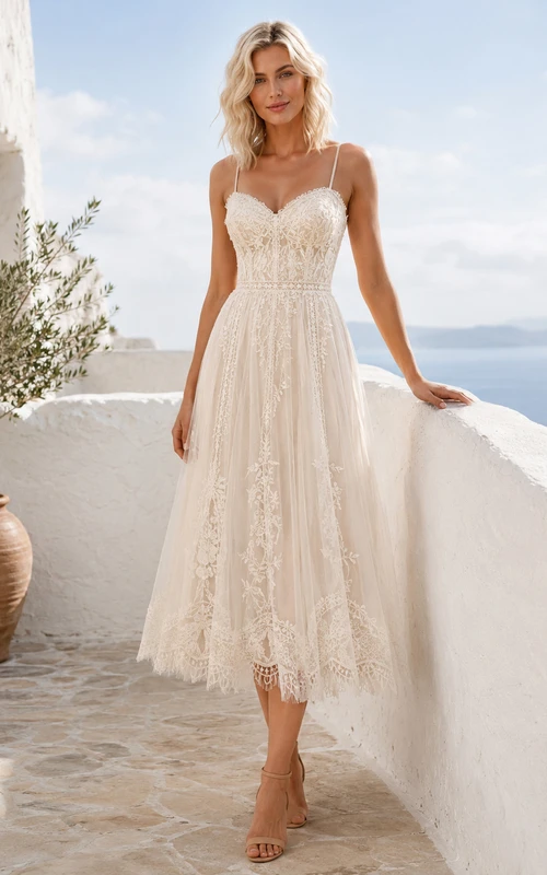 Robe de mariée bohème à bretelles spaghetti en dentelle, coupe trapèze, longueur thé, style bohème
