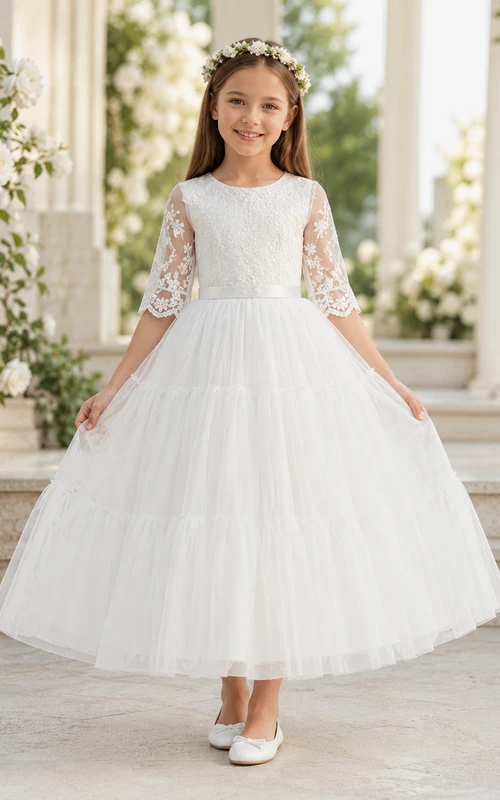 Weißes Kommunionskleid für Blumenmädchen mit Spitzen-Organza-Tüll, Rundhalsausschnitt, Dreiviertelärmeln, bestickten Ärmeln und Knöchellänge