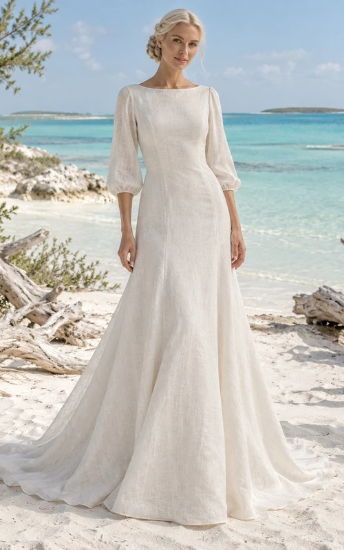 Schlichtes Leinen-Brautkleid mit U-Boot-Ausschnitt, Dreiviertelärmeln und A-Linien-Rock