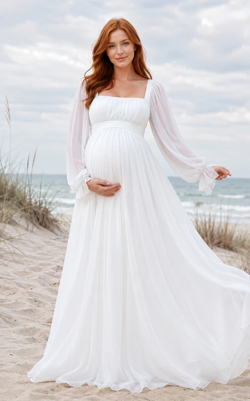Long Sleeve Square Neck Chiffon Beach Maternity Gown