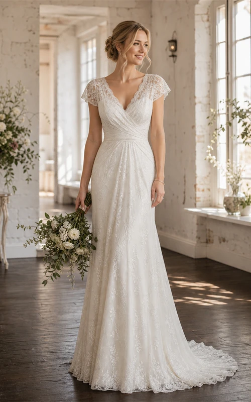 Casual Modest Lace Convertible Wrap Ivory Empire Vintage Vow Renewal Wedding Dress with Drapings