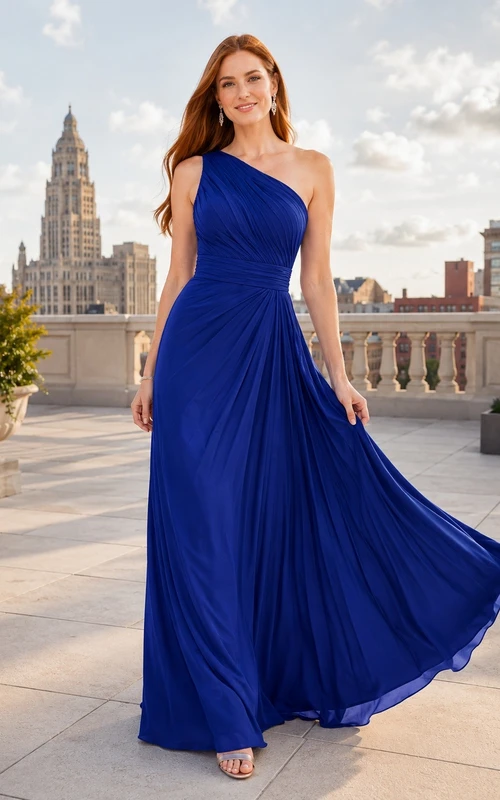 Royal Blue One-Shoulder Sleeveless Satin Formal A-Line Gown