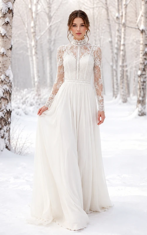 Robe de mariée en mousseline à col montant et manches longues, motif forêt enneigée