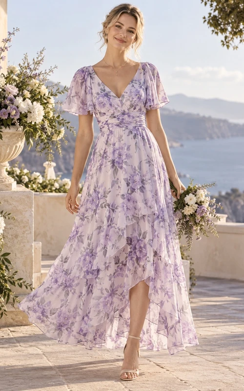 Lavender Floral Print V-Neck Flutter Sleeve High-Low A-Line Chiffon Romantic Guest Dress