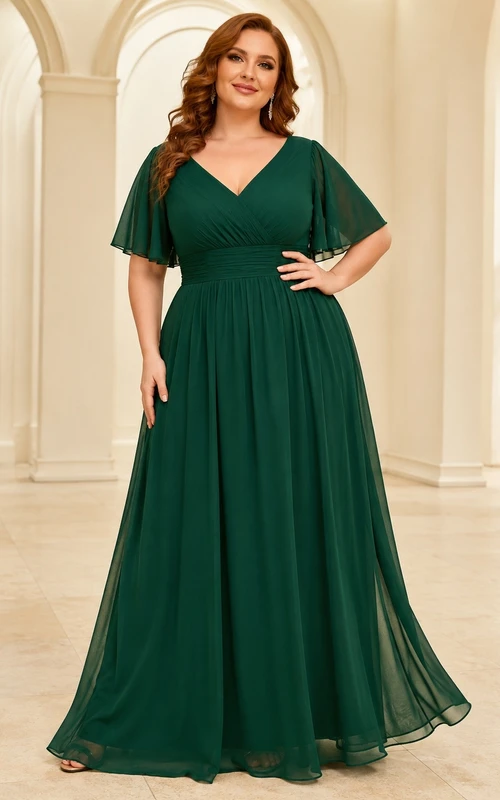 Plus Size Modest Short Sleeve V Neck Chiffon A-Line Formal Dress
