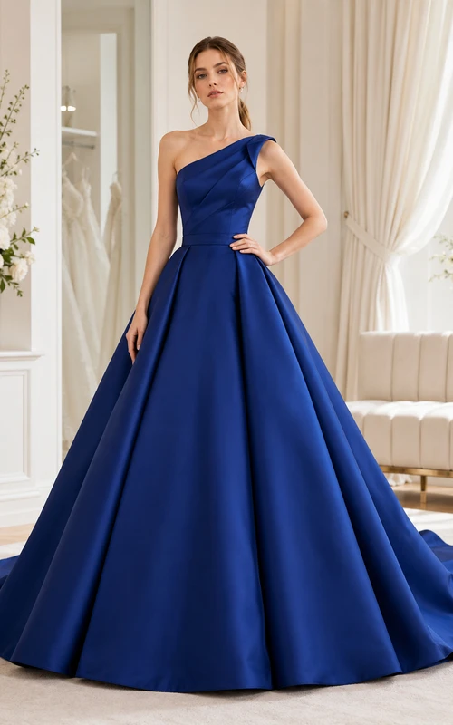 Robe de mariée de bal plissée asymétrique en satin saphir