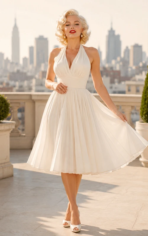 Vintage Ivory A-Line Tea-length Halter Sleeveless Chiffon Elegant Cocktail Guest Celebrity Dress