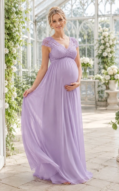 Robe de maternité romantique lavande à col en V, manches courtes, en dentelle et mousseline, coupe empire, longueur au sol