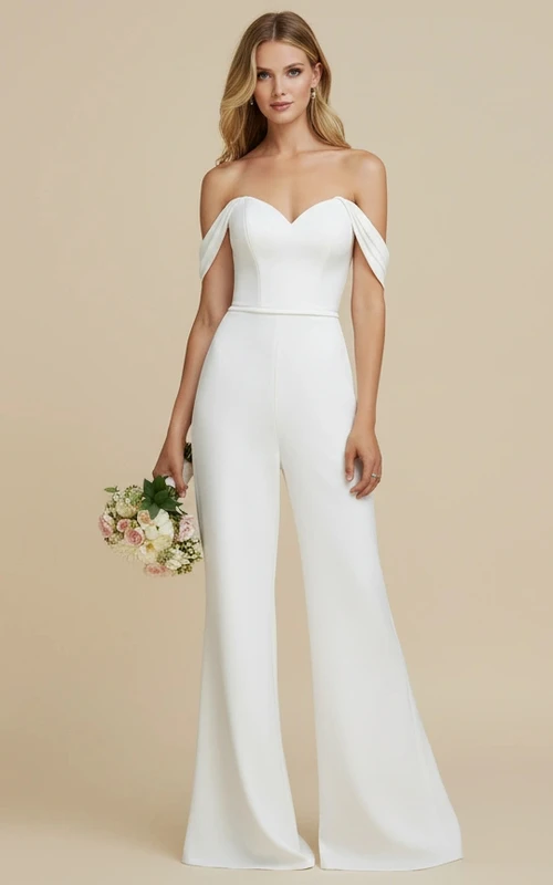 Combinaison de mariage à épaules dénudées et à jambes larges à volants