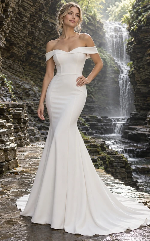 Vestido de novia sencillo de manga corta, estilo sirena, con escote corazón y hombros descubiertos, confeccionado en crepé elástico liso hasta el suelo.