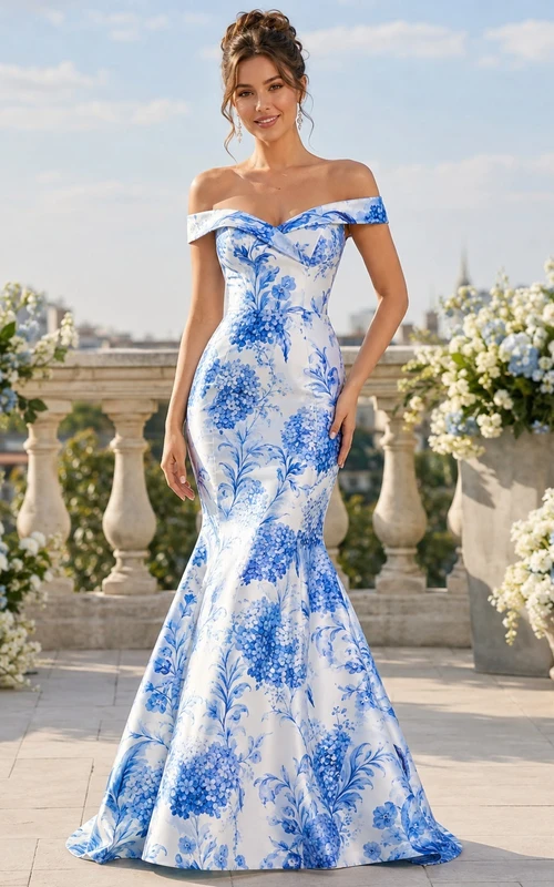 Blue White Floral Pattern Off-Shoulder Satin Mermaid Sweep Train Luxury Prom Dress