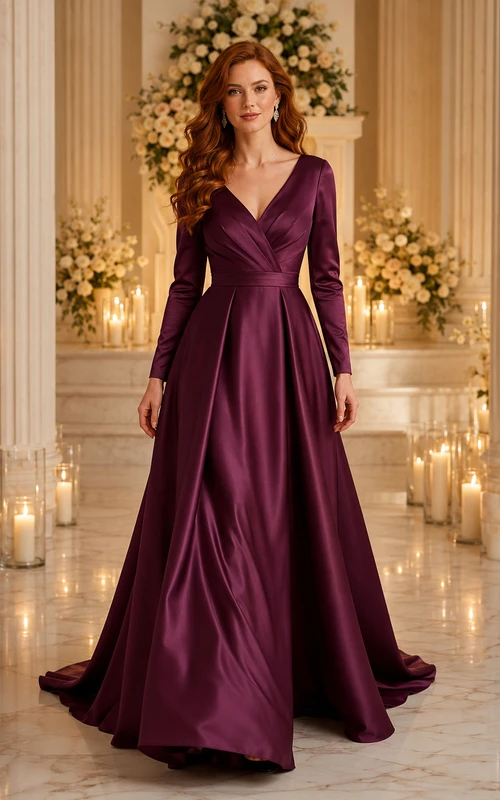 Plum Long Sleeve V-Neck Satin A-Line Wedding Dress