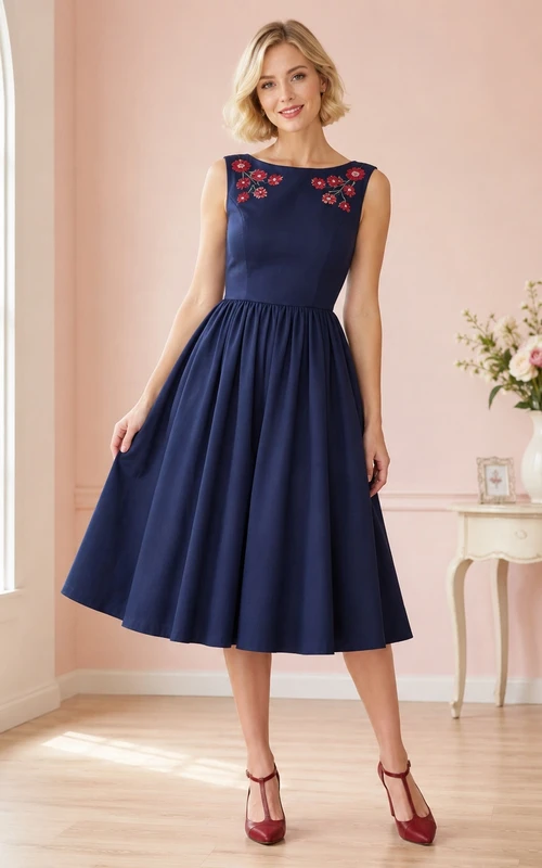 Robe vintage bleu marine à col rond et sans manches, brodée de fleurs et arrivant à mi-mollet, coupe trapèze, ornée de fleurs.