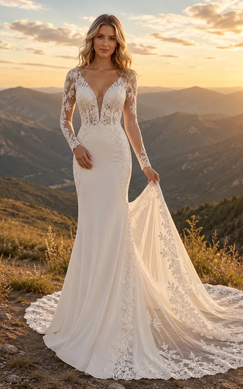 Robe de mariée bohème de montagne à manches longues en dentelle avec traîne chapelle
