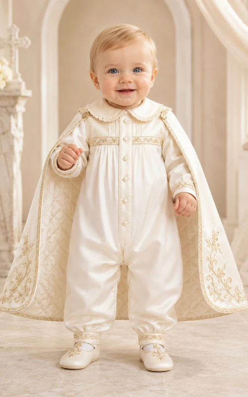 Luxuriöser elfenbeinfarbener Langarm-Jumpsuit mit goldbesticktem Cape zur Taufe – perfekt für Babys