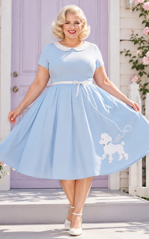 Sky Blue Plus-Size Jewel Short-Sleeve Poodle Applique Vintage Tea Dress