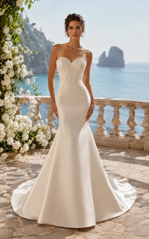 Strapless Satin Mermaid Wedding Dress with Sweetheart Neckline and Sweep Train