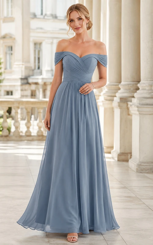 Steel Blue Off Shoulder Chiffon A-Line Dress