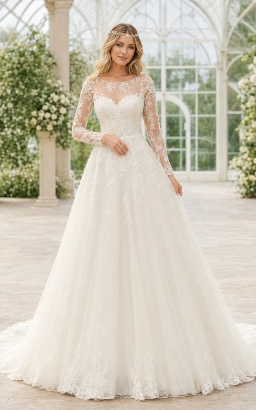Vestido de novia de encaje con cola larga y corte en A