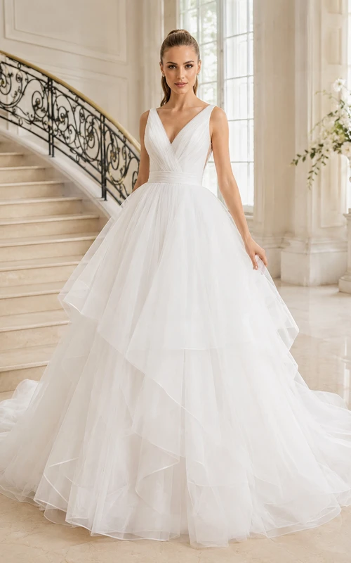 Robe de mariée romantique de style chapelle, ornée de bretelles en V et de volants en tulle à plusieurs niveaux.