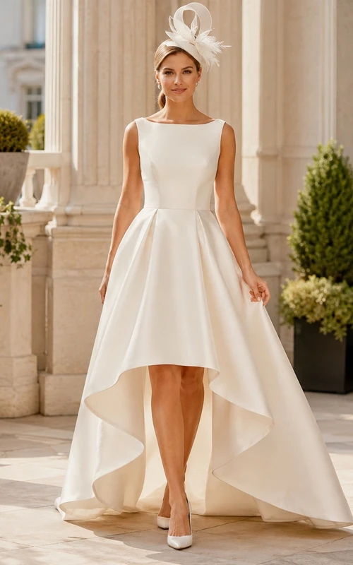 Vestido de novia clásico de satén con corte en A y bajo asimétrico para ceremonia