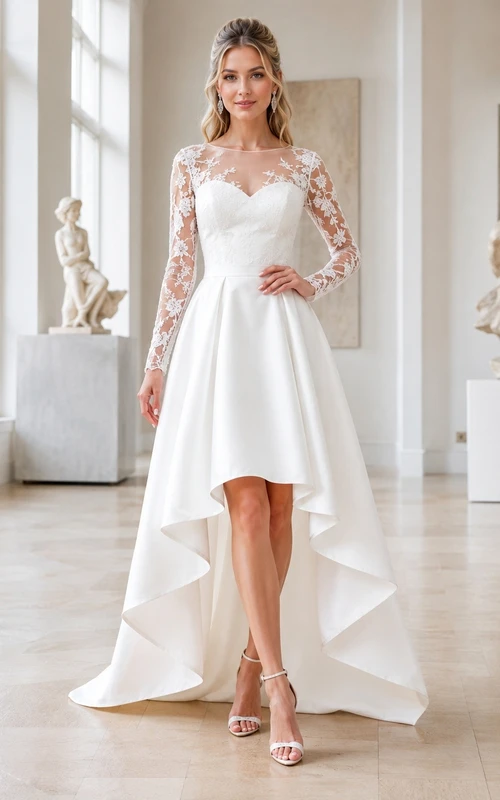 Vestido formal de satén blanco con encaje y mangas largas, corte en A, asimétrico (más largo que el largo habitual).