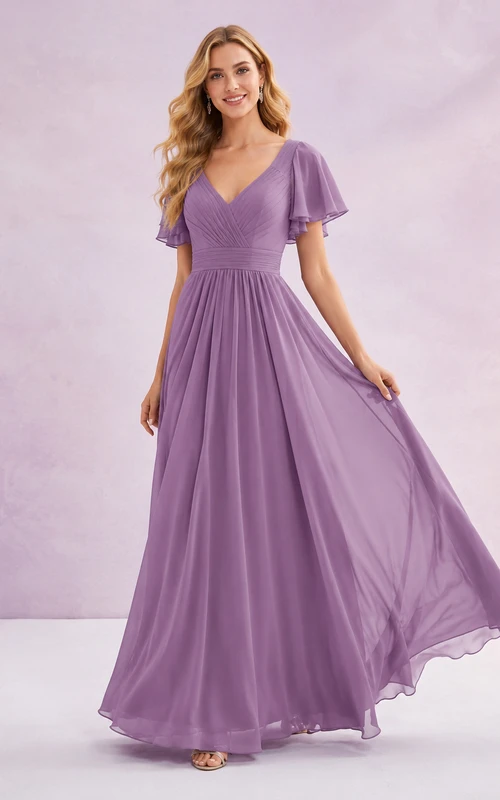 Vestido de fiesta formal largo hasta el suelo, de gasa, corte A, escote en V y mangas con volantes, color lavanda romántico.