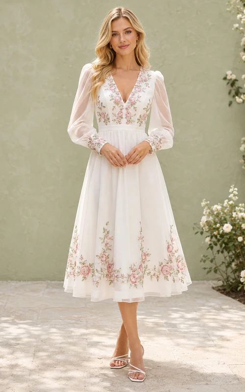 Vestido bohemio de gasa blanco con cuello en V, bordado floral y mangas largas, estilo jardín de té.