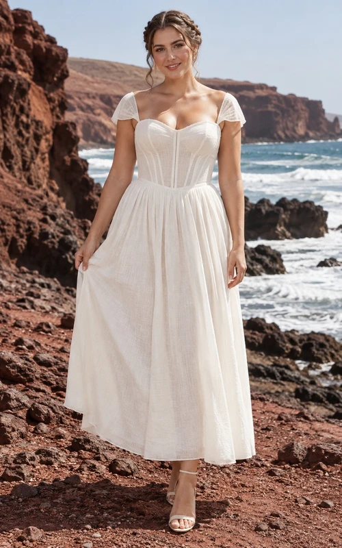 Vestido de novia sencillo de lino de largo midi con escote corazón y mangas cortas, con corpiño tipo corsé.
