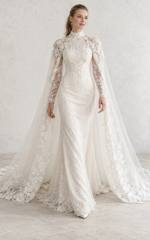 Vestido de invierno tipo capa de encaje con mangas largas y cuello alto, estilo modesto.