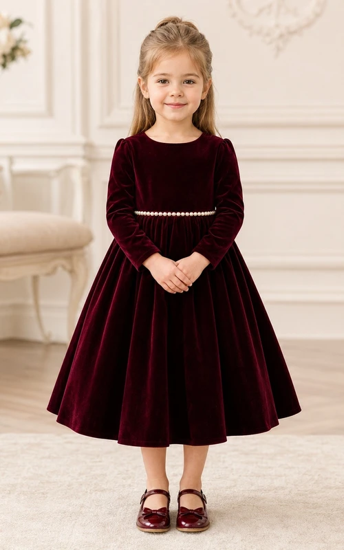 Burgundy Jewel Neck Long Sleeve Velvet Tea-Length Flowergirl Dress