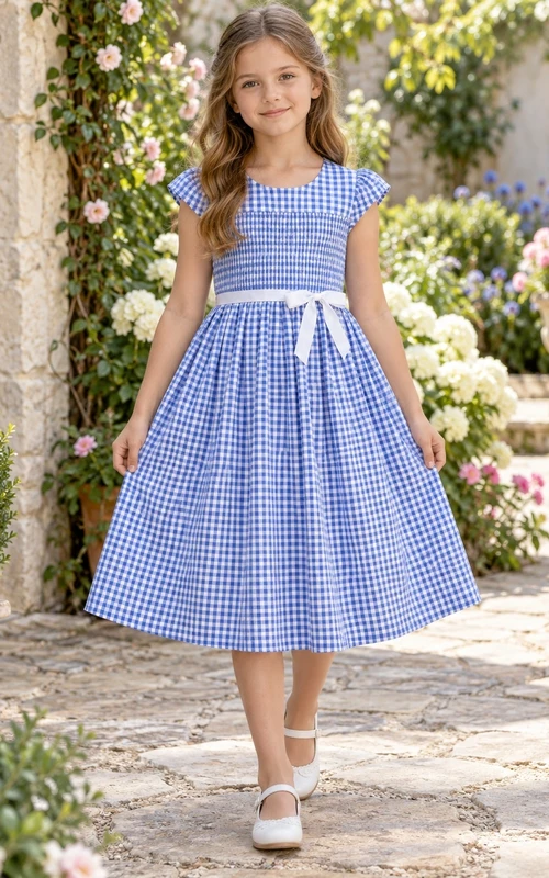 Country Tea-length Blue Scoop Neck Cap Sleeve Gingham Cotton Flower Girl Dress