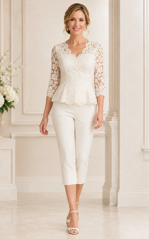 Formal Pant Suit Ivory Chiffon Lace Jumpsuit Scoop Neck 3/4 Sleeve Ankle Length