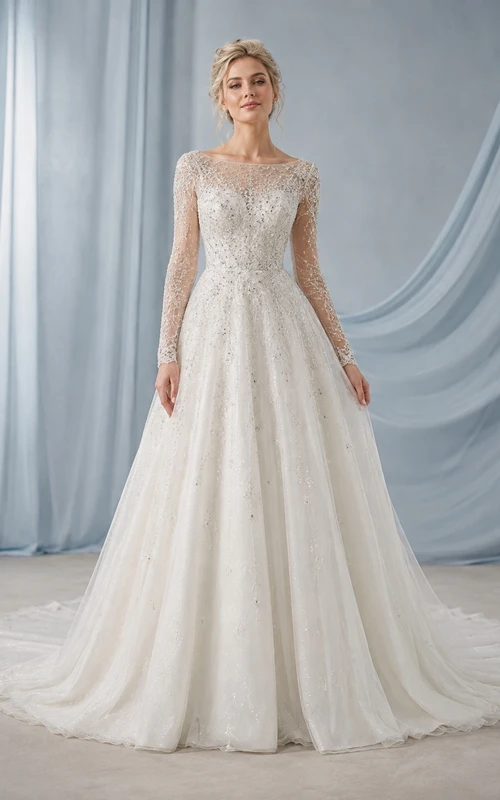 Vestido de novia elegante de corte A con cuello alto y cristales