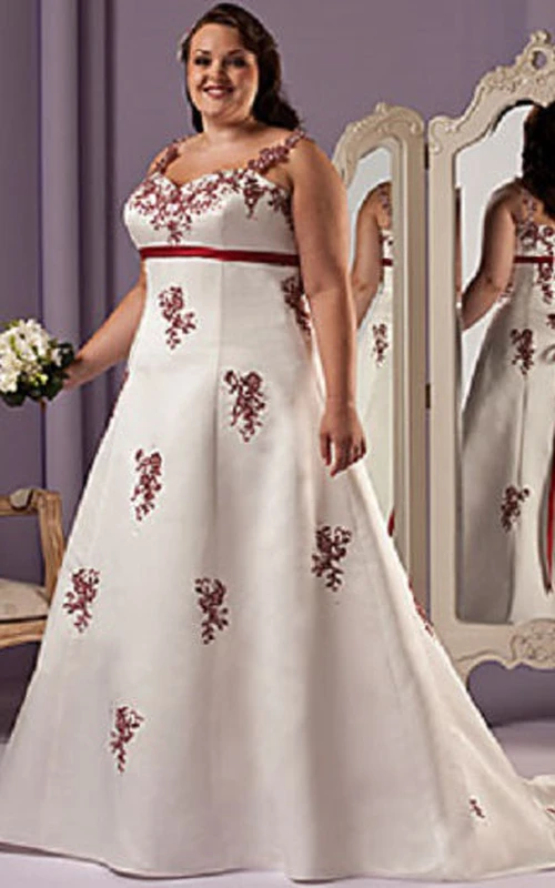 Vestido de novia de satén rojo con apliques, corte en A, cierre de cordones y fajín.