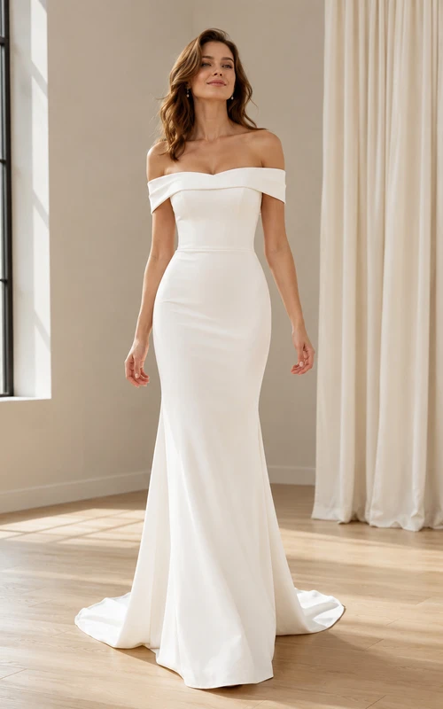 Simple Off Shoulder Satin Mermaid Sweep Train Modern Minimalist Wedding Dress