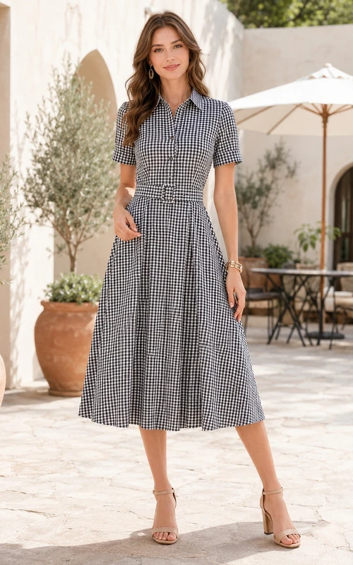Graues, kurzärmeliges, wadenlanges A-Linien-Kleid mit V-Ausschnitt
