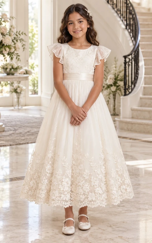 Teelanges elfenbeinfarbenes A-Linien-Kleid aus Spitze und Tüll mit flatternden Ärmeln, Muschelsaum und Schleife am Rücken für Blumenmädchen