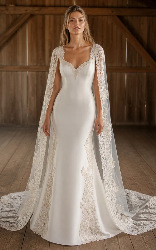 Vestido de novia bohemio de manga larga, corte recto, escote en V, estilo capa de granero, encaje y cola catedral.