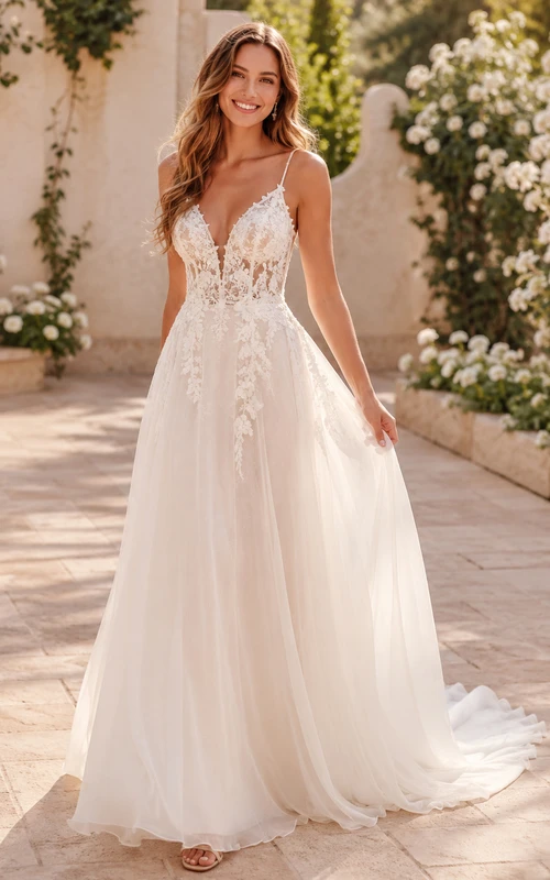 Robe de mariée romantique en dentelle florale, décolleté en V spaghetti, coupe trapèze, traîne courte, style A, robe de mariée à
