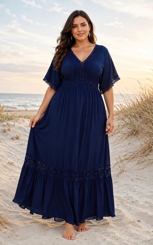Vestido de talla grande de gasa azul marino oscuro con escote en V, mangas tres cuartos y volantes, color azul marino oscuro