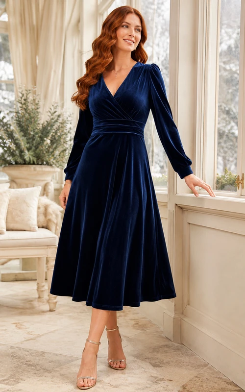 Navy V Neck Long Sleeve Wrap Velvet Winter Dress