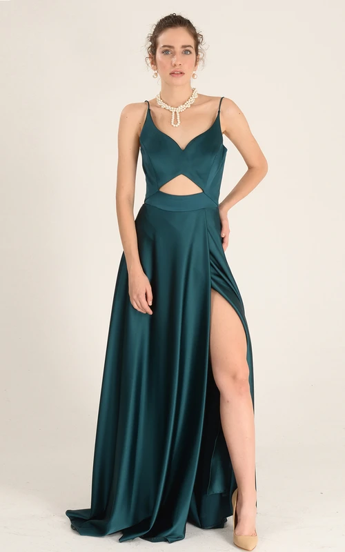 Robe de soirée sexy longue sans manches en satin, coupe trapèze, fermeture éclair et fente sur le devant