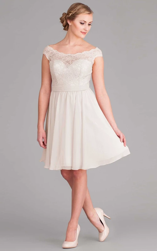 Vestido de novia midi de gasa con encaje y mangas cortas, escote Bardot