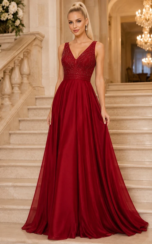 Vestido de fiesta rojo de corte A con escote en V, corpiño de encaje y falda de gasa fluida.