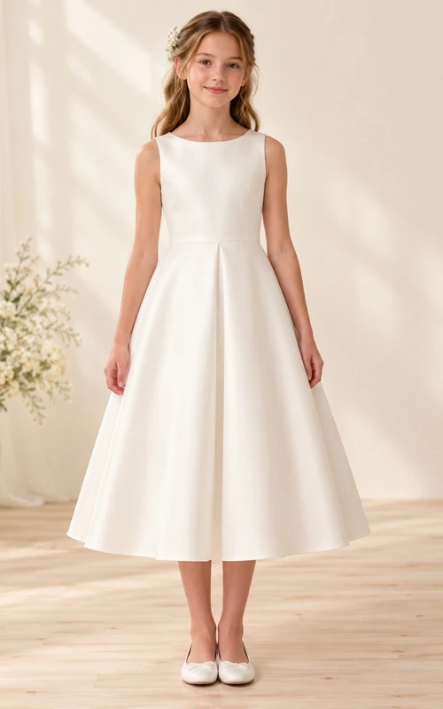Simple Tea-length Ivory Sleeveless Bateau Center Pleat Satin Natural Waist Flowergirl A-Line Dress