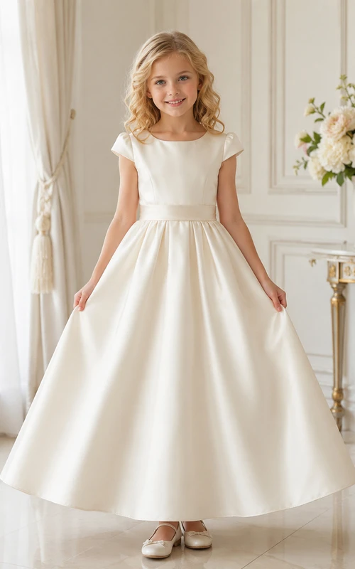 Vestido de niña de flores de satén color marfil con mangas cortas, corte en A, escote joya y falda larga hasta el suelo con detalle de lazo.